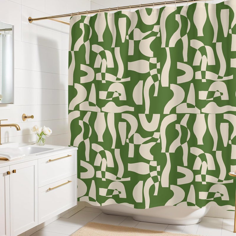 Worthwhile Goods Modern Green and Ivory Geometric Pattern Print Shower Curtain – Abstract Minimalist Fabric Design – Neutral Trendy Bathroom Décor – 72x72 Inches (Geo Green) - Image 1